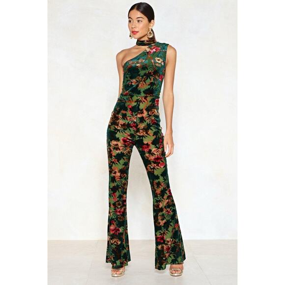 Nasty Gal Hows It Growin Velvet Jumpsuit Flared One Shoulder - 6 - Green - Picture 1 of 5